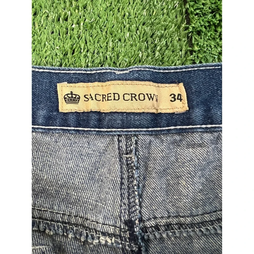 Sacred Crow Mens 34 Baggy Distressed Denim Jorts Blue Embroidered Y2K Streetwear